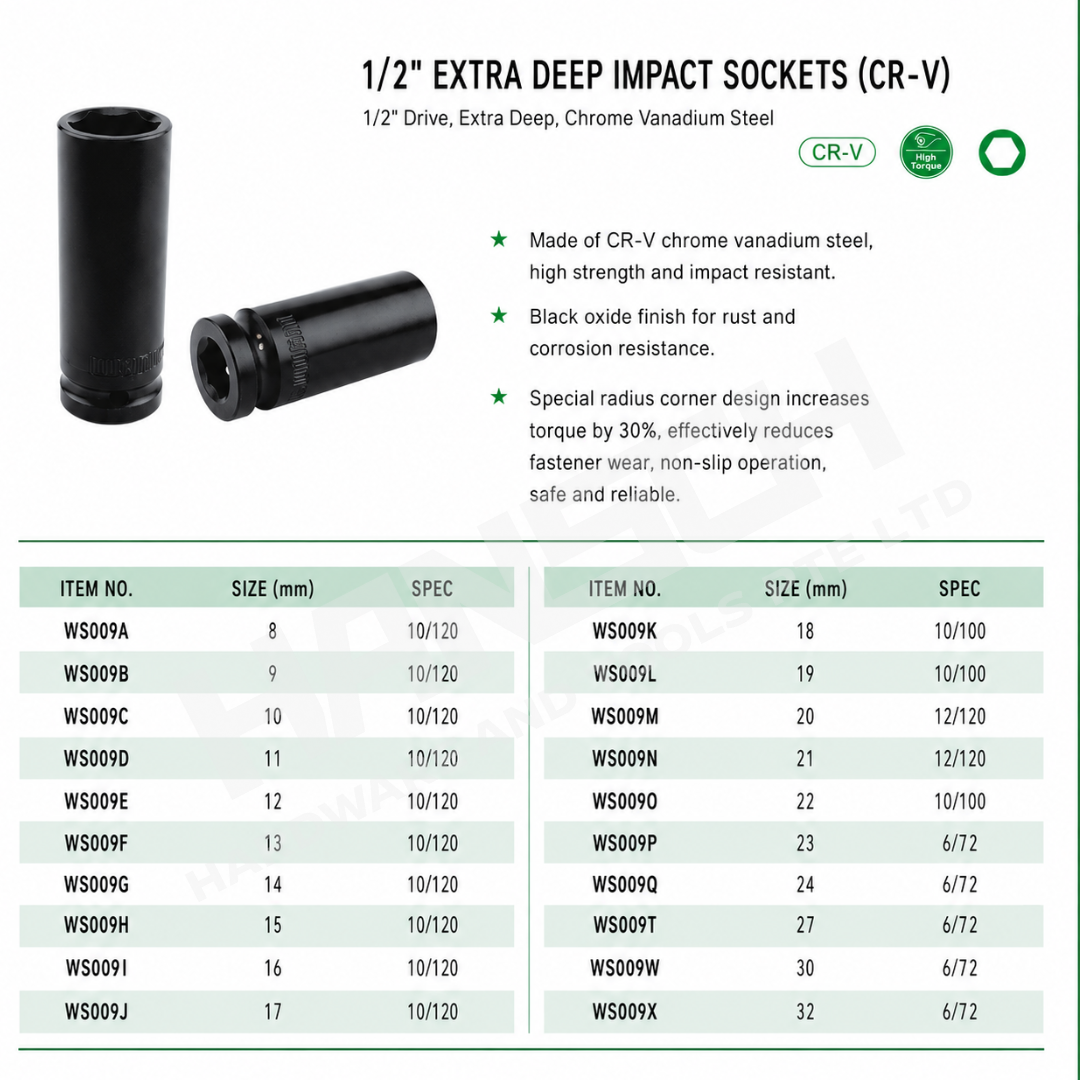 Wynn's 1/2 Drive Extended Deep Impact Socket 8mm-32mm 气动套筒 (加长型)