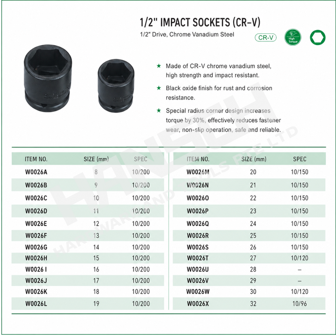 Wynn's 1/2 Impact Socket 8mm-32mm Automotive Repair Industrial Hand Tools 气动套筒