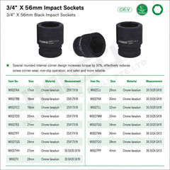 Wynn's 3/4" Regular Short Impact Socket Bit Set for Torque Wrench (17-41mm)  风炮套筒头子