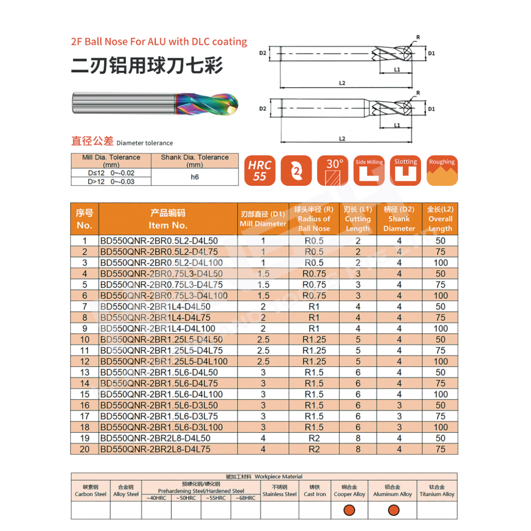 ZZBD-CT Carbide Ball Nose End Mills 2 Flute DLC Coated for Aluminum DLC-Coating (两刃铝用球刀七彩)