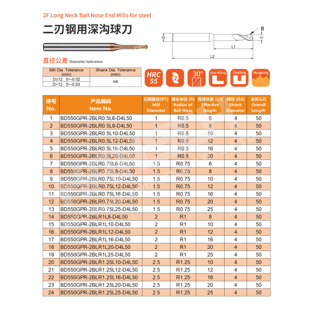 ZZBD-CT Long Neck 2 Flute Ball Nose End Mills for Steel (两刃钢用深沟球刀)