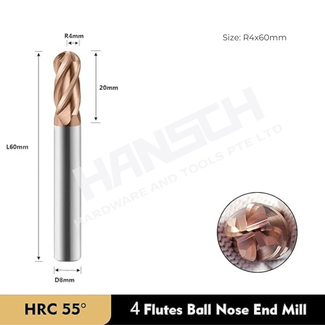 ZZBD-CT Carbide Ball Nose End Mills-4 Flute for Milling Alloy Steels, Hardened Steel (四刃钢用球刀)