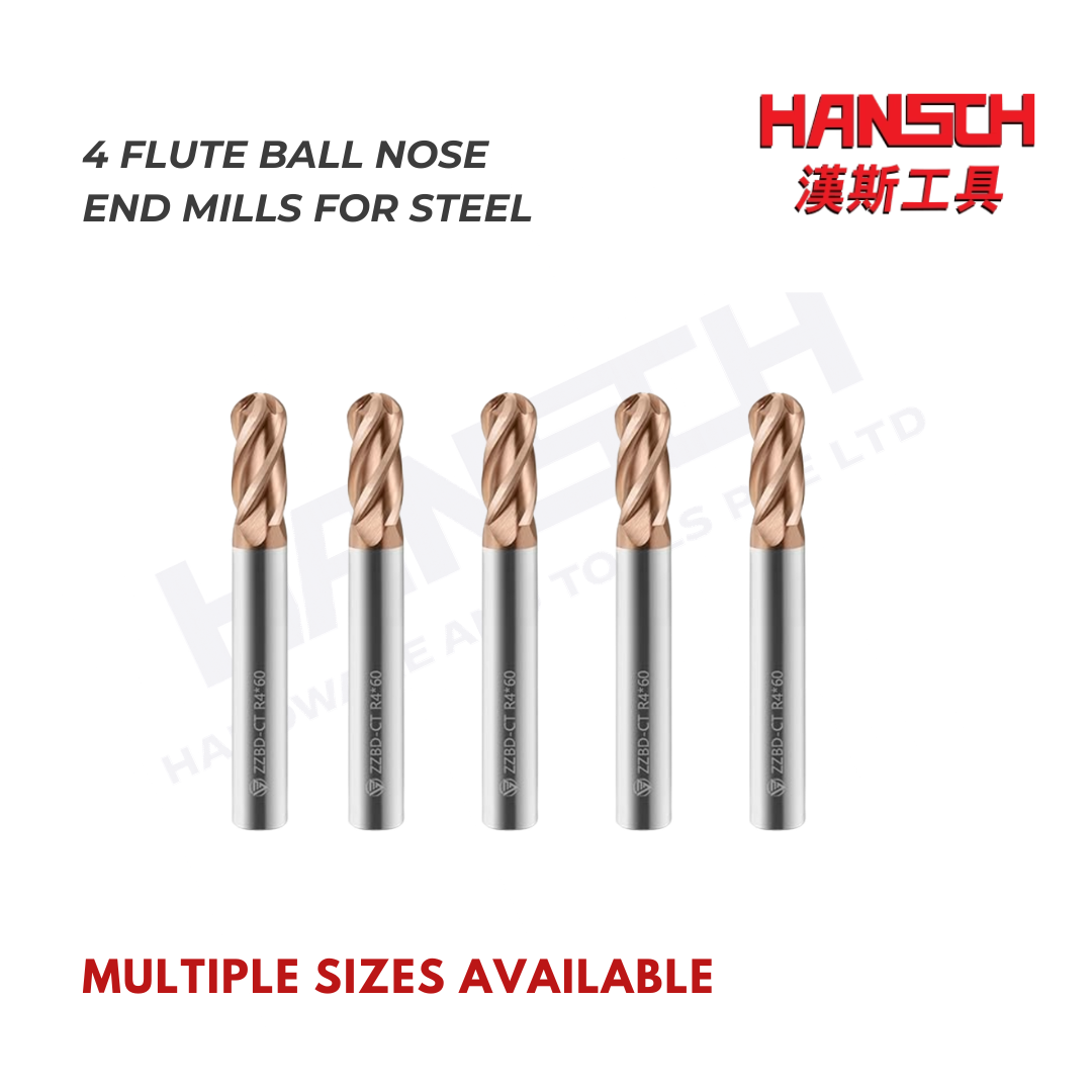 ZZBD-CT Carbide Ball Nose End Mills-4 Flute for Milling Alloy Steels, Hardened Steel (四刃钢用球刀)
