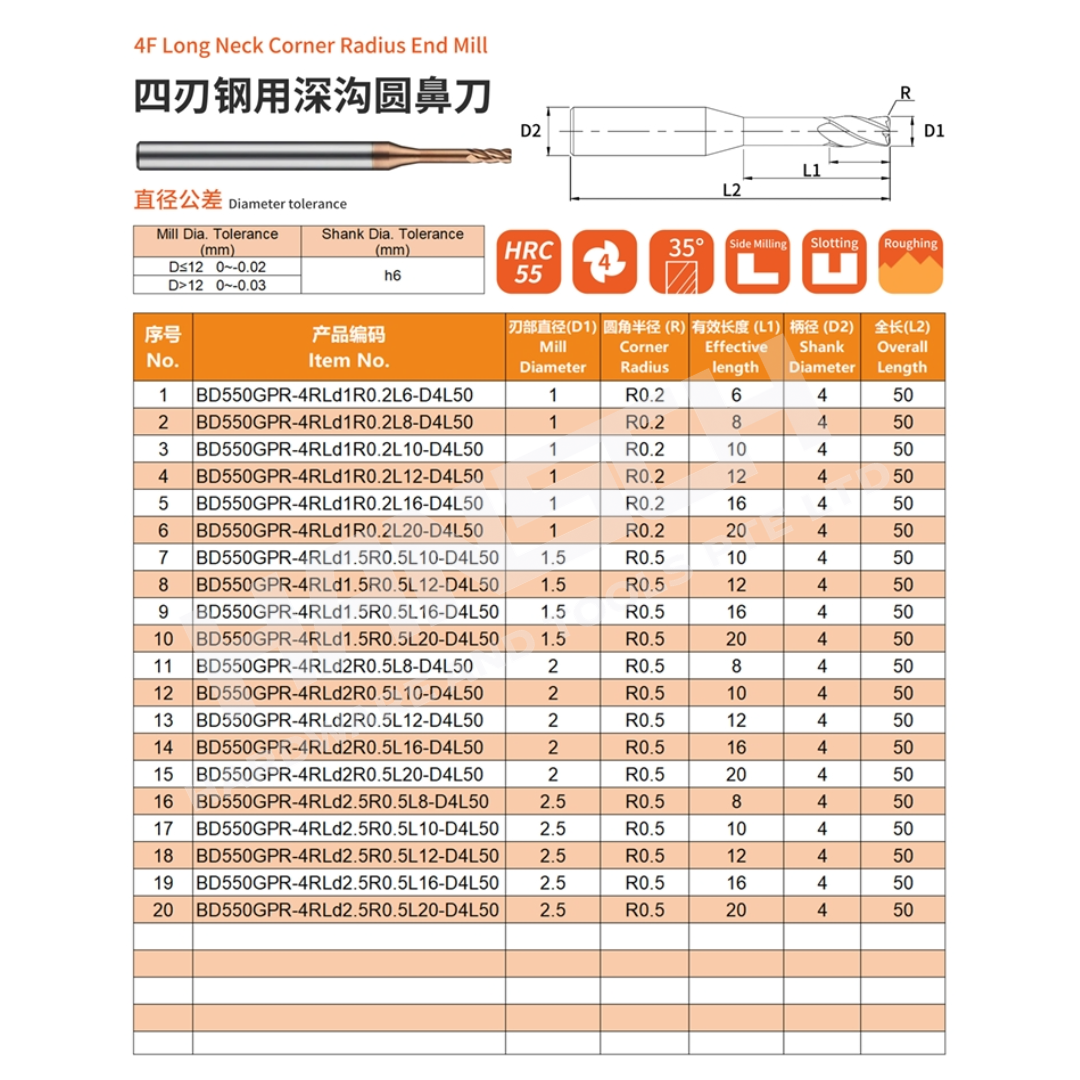 ZZBD-CT Radius Corner Long Neck 4 Flute End Mills for Steel (四刃钢用深沟圆鼻刀)
