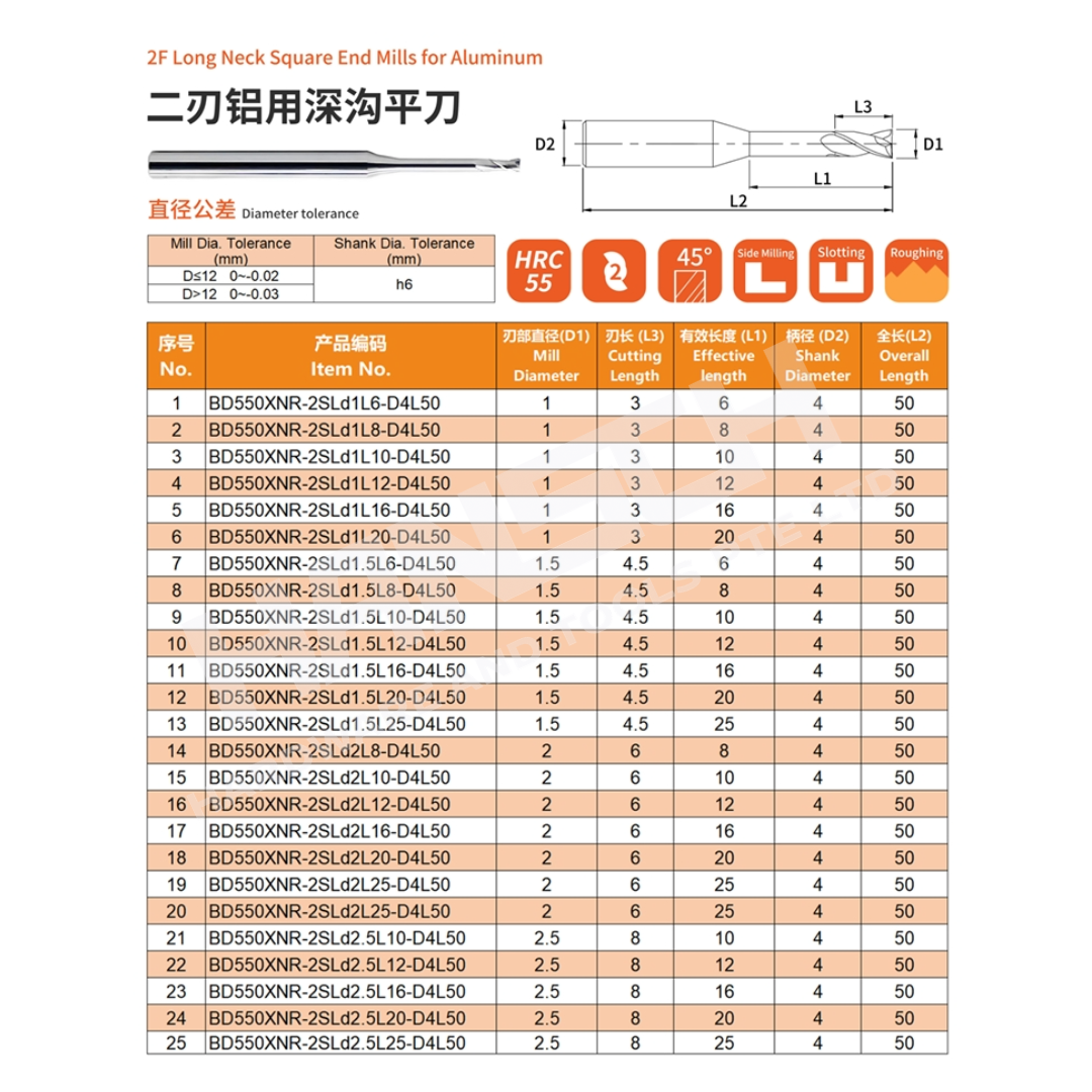 ZZBD-CT Long Neck 2 Flutes Carbide Square End Mills for Aluminum (两刃深沟平刀铝用)