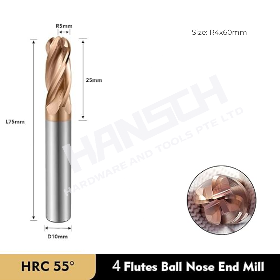 ZZBD-CT Carbide Ball Nose End Mills-4 Flute for Milling Alloy Steels, Hardened Steel (四刃钢用球刀)