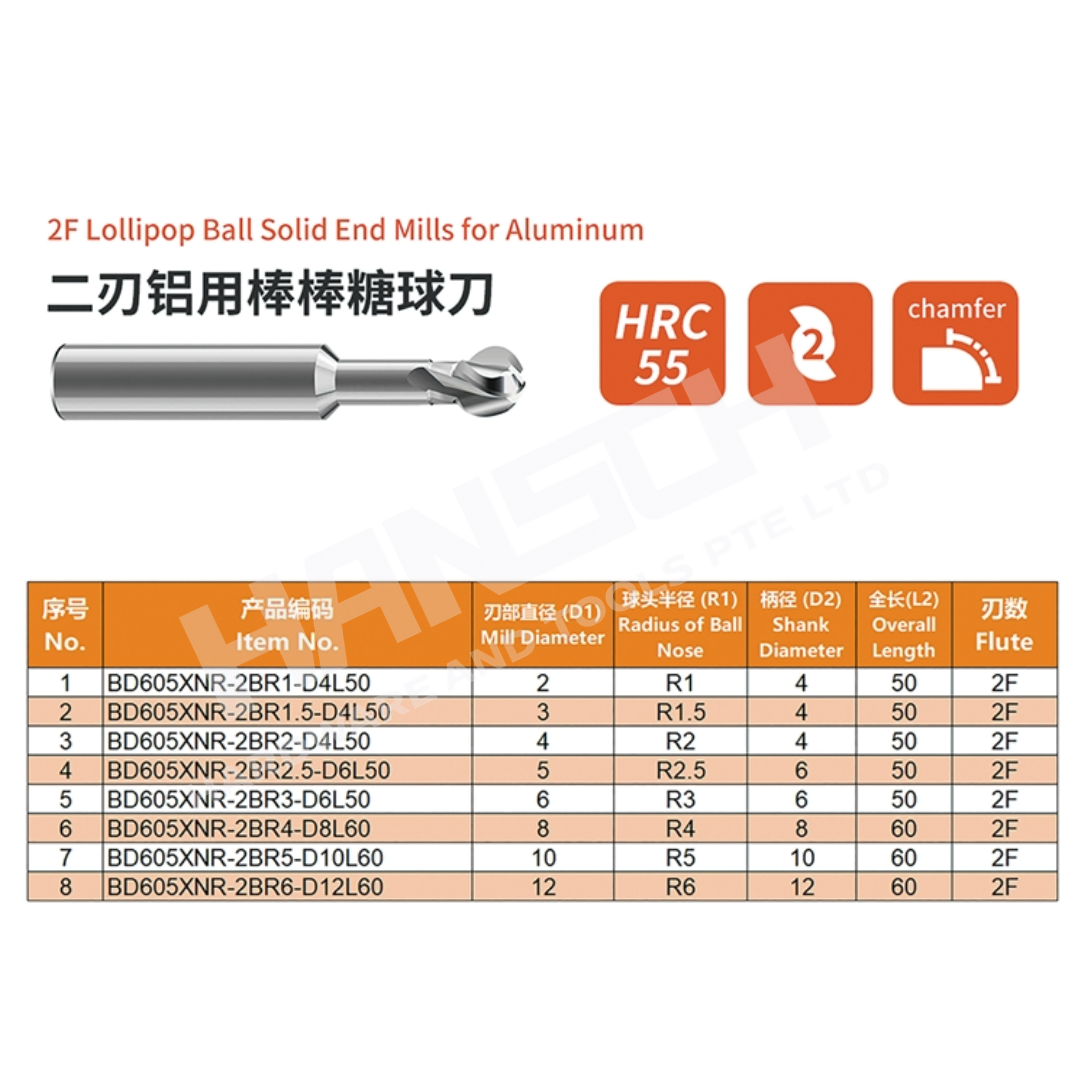 ZZBD-CT Lollipop Ball 2 Flute Solid End Mills for Aluminum (两刃钢用棒棒糖球刀)