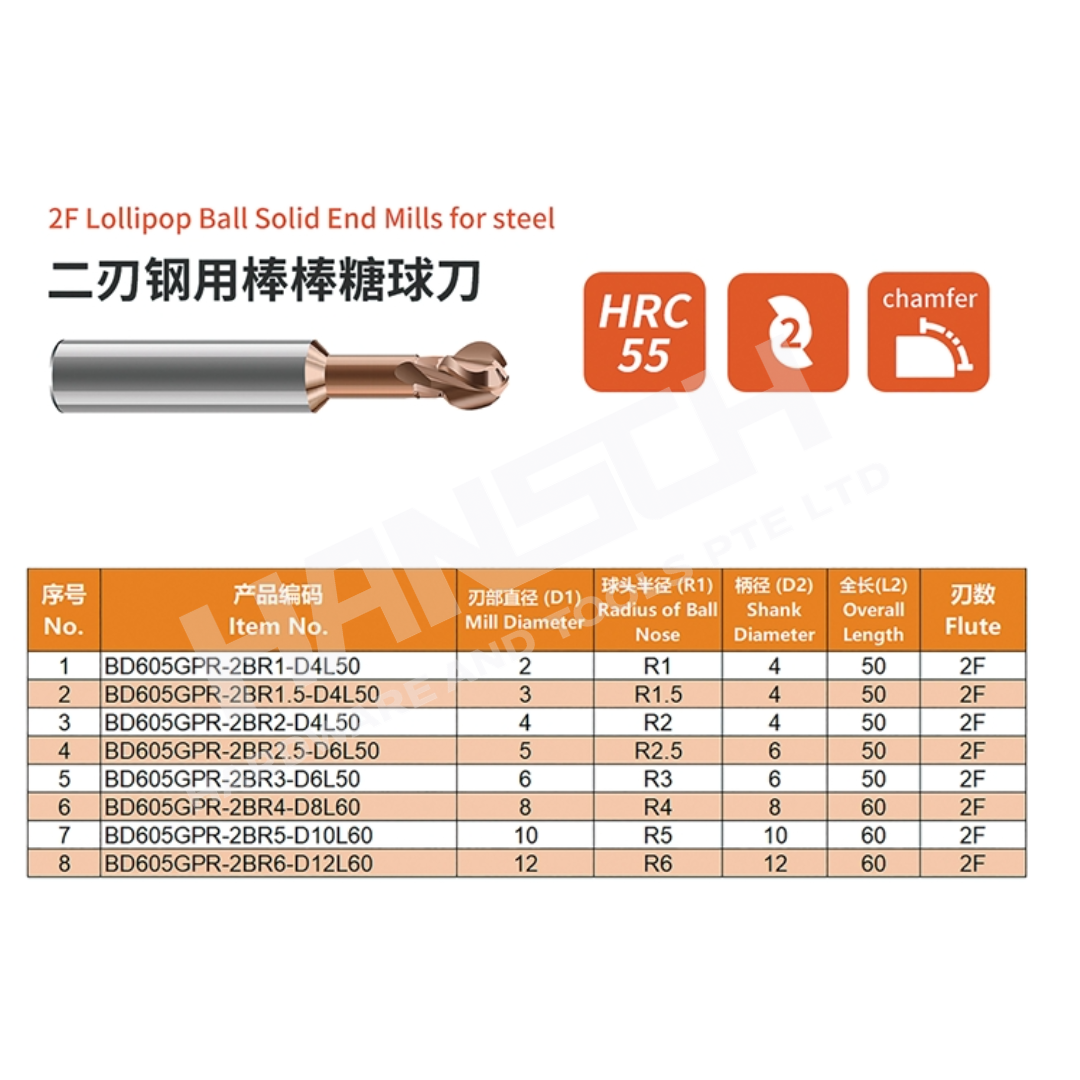 ZZBD-CT Lollipop Ball 2 Flute Solid End Mills for Steel (两刃钢用棒棒糖球刀)